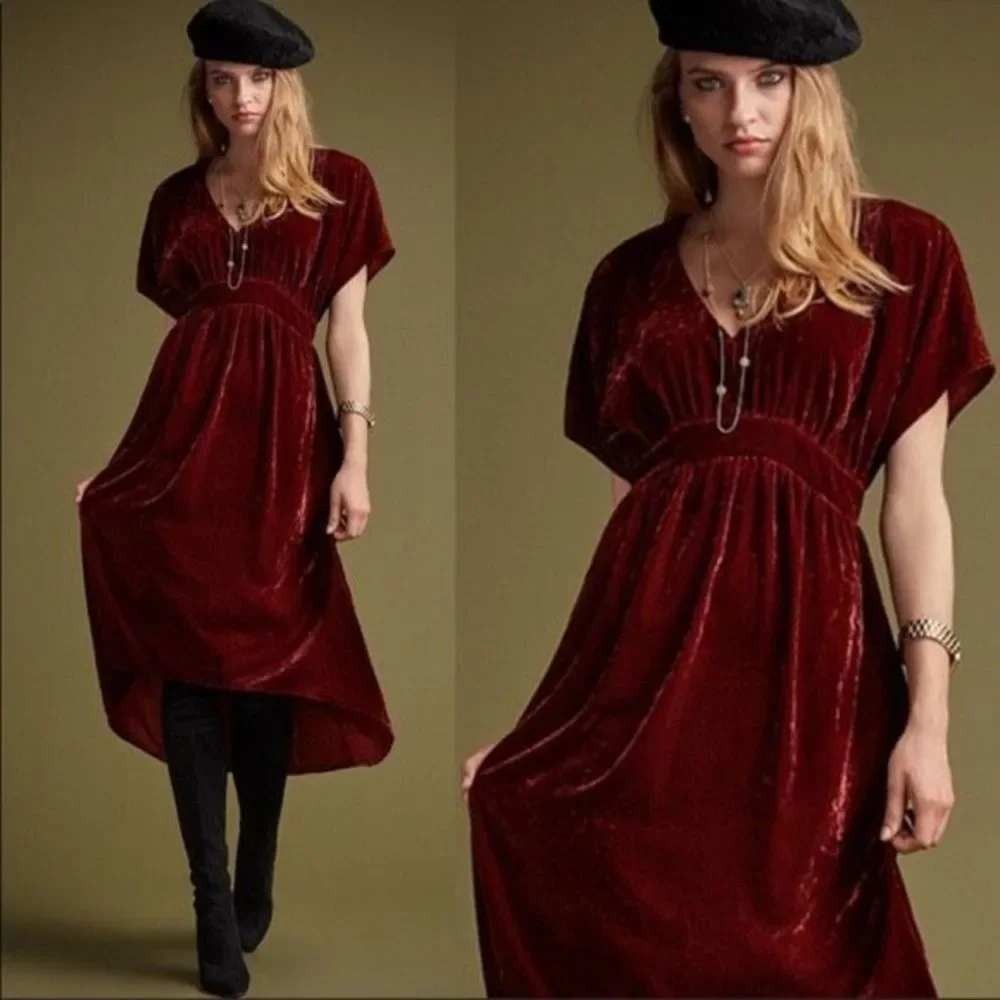 Cabi Tribute Dress Burgundy Crushed Velvet V-Neck High-Low XS Holiday Party Luxe